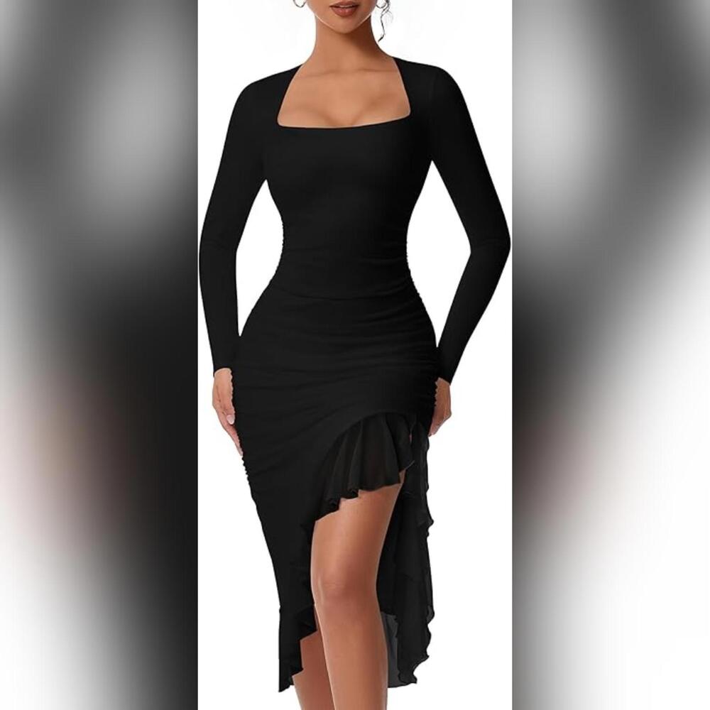 NWOT DAAWENXI Square Neck Long Sleeve  Ruched Ruffle Hem Cocktail Dress, Large